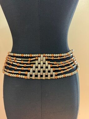 Beaded Waist Belt with Leather and Metallic Accent